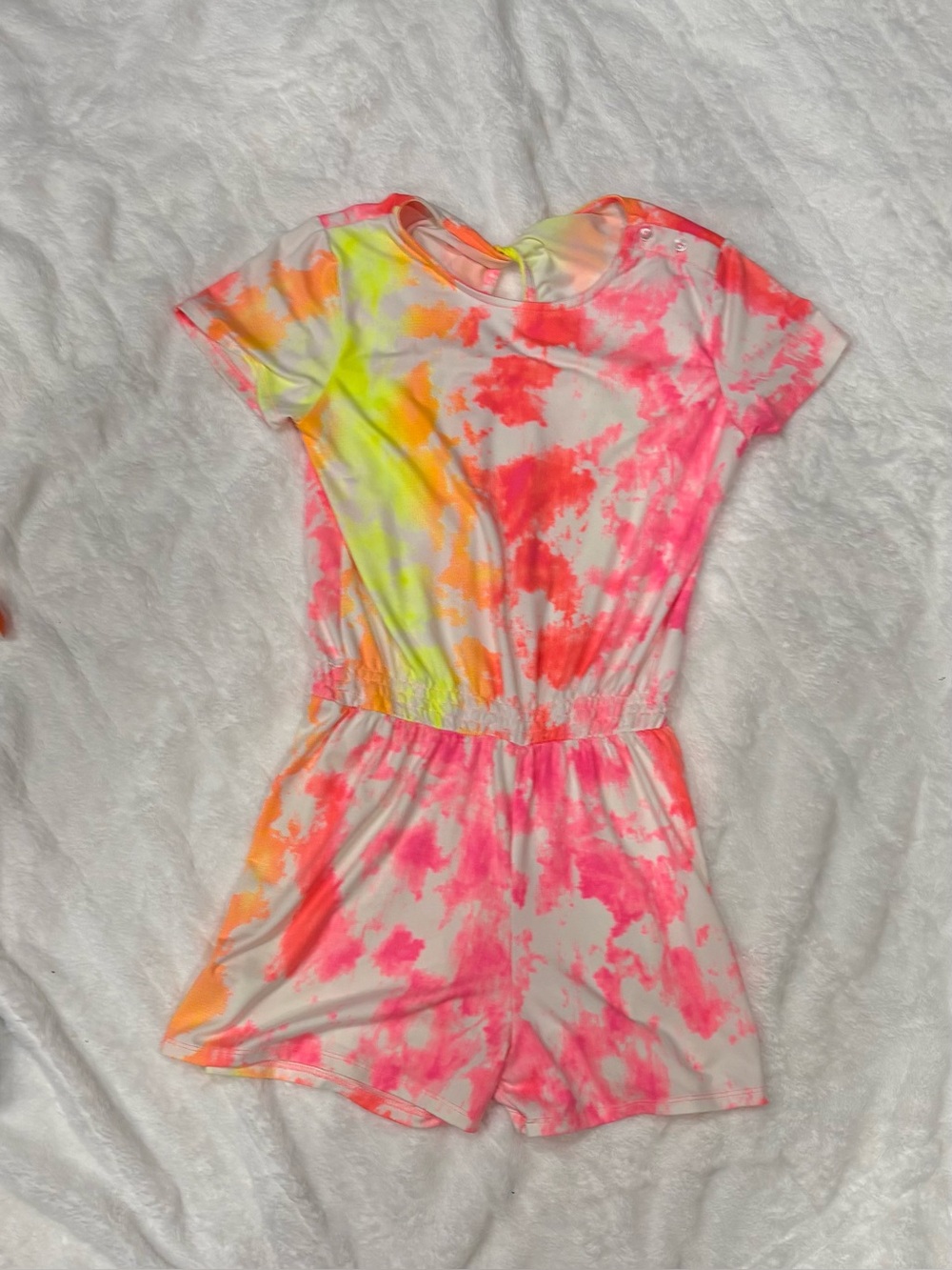 Girls Neon Tie-Dye Short Romper - Pink, Orange & Yellow
